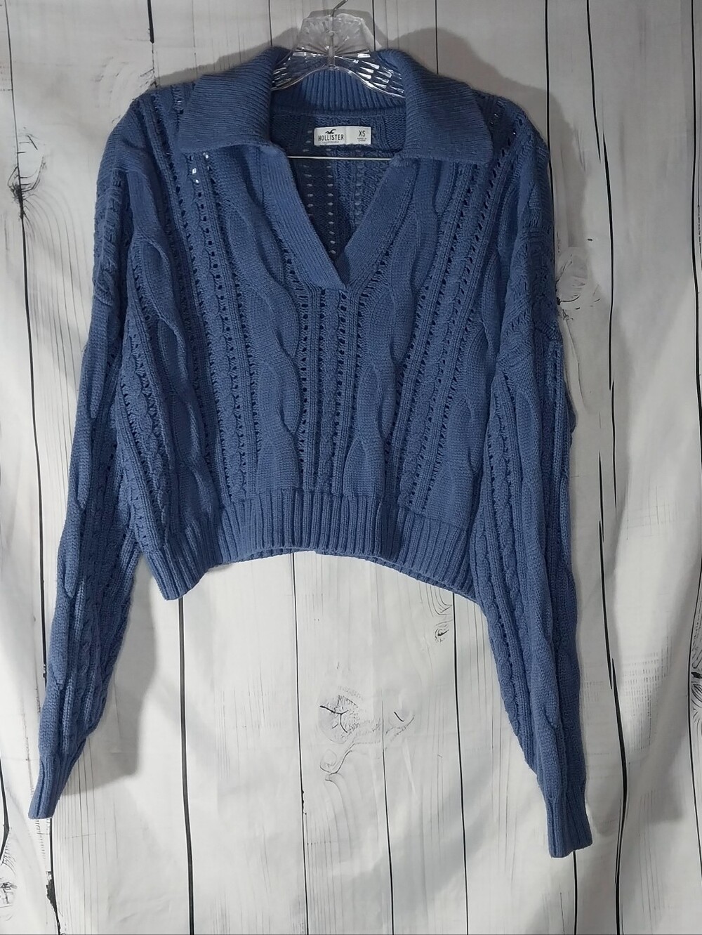 Hollister Dusty Blue Cable-Knit V-Neck Cropped Cozy Preppy Y2K Aesthetic Sweater